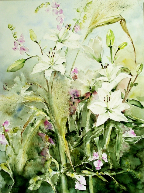 Jocelyne CHAUVEAU Lys blancs et pois de senteur sauvages 60 x 44, 2004